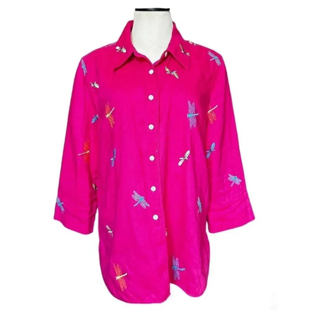KIM ROGERS Women’s Top Blouse size L embroidered  dragonflies 100% linen blouse